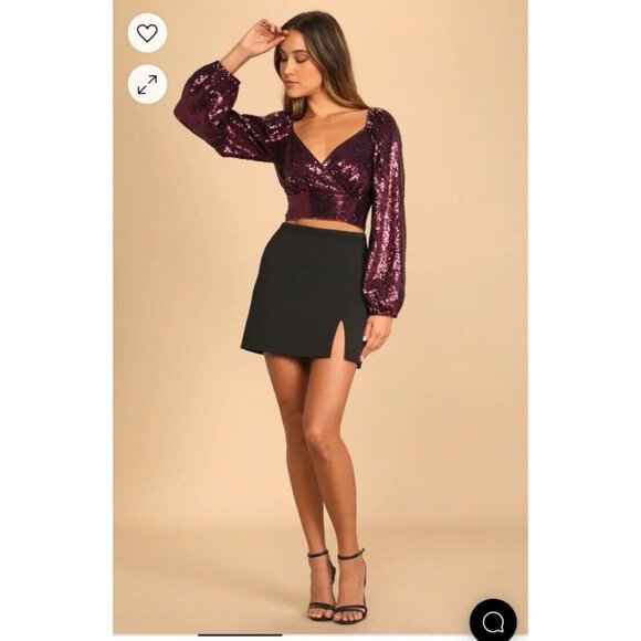 Lulus Purple Wine Sequined Long Puff Sleeve Cropped Top M Medium NEW - Picture 9 of 16